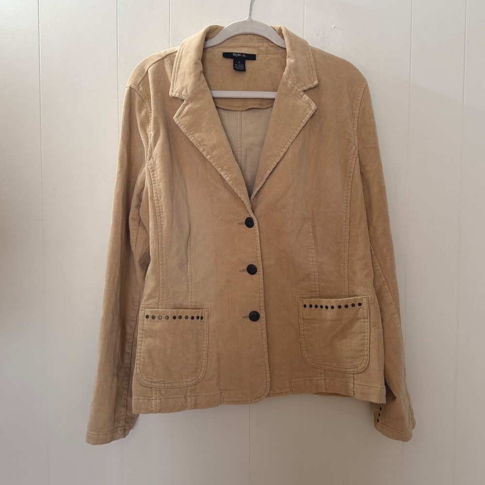 Style & Co Tan Corduroy Blazer Studded Pockets XL Cotton Spandex Jacket Western